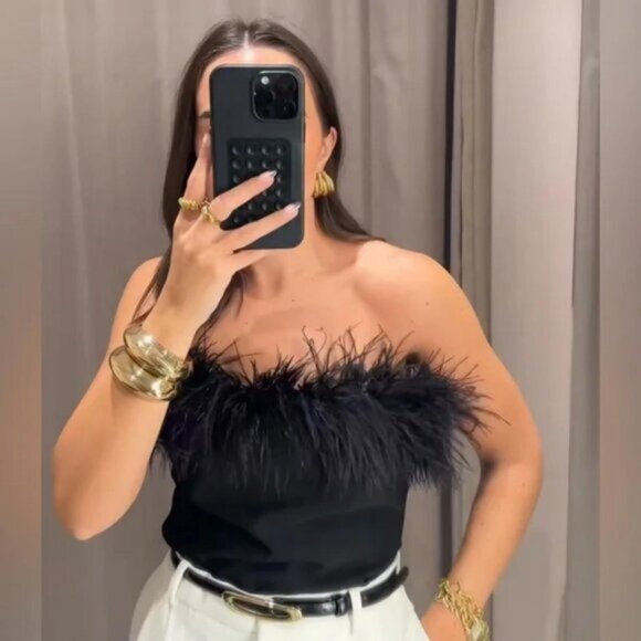 ZARA STRAPLESS FEATHER TOP - Picture 2 of 6
